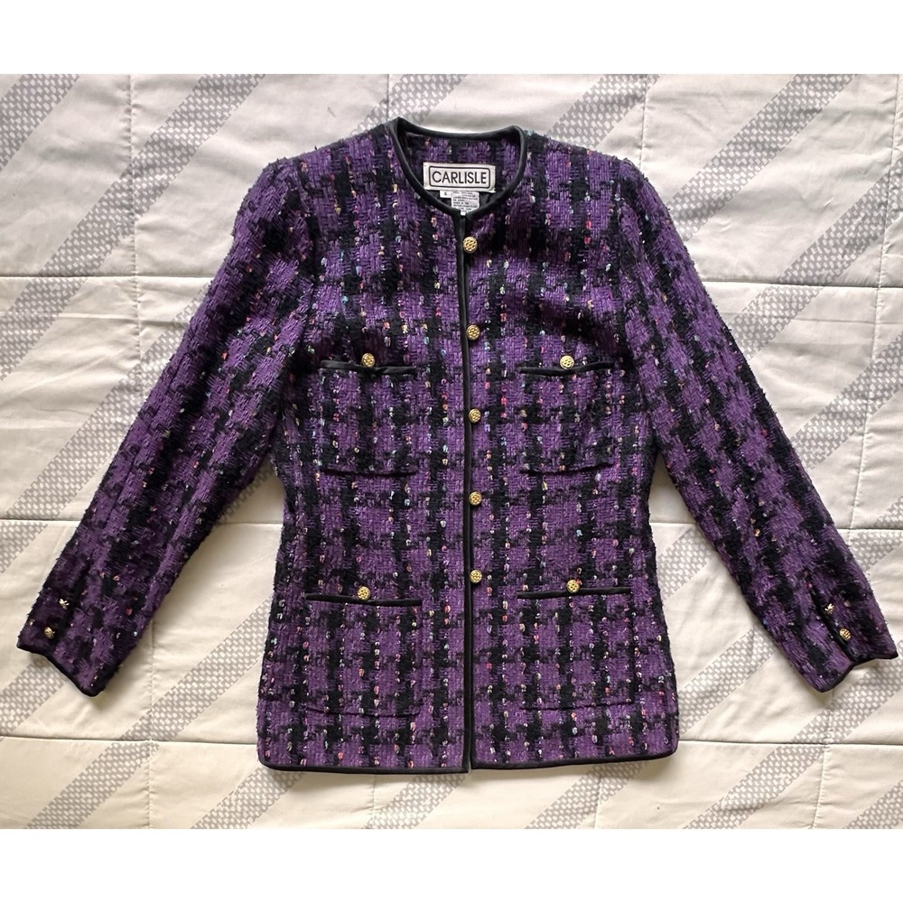 VTG CARLISLE Silk Tweed Blazer Jacket Purple Black Plaid Gold Buttons Size 6